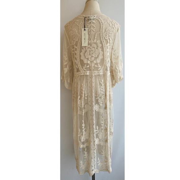 NWT Rachel Zoe Cream Floral Embroidered Lace Boho Coverup Kimono Duster ONE SIZE - Picture 4 of 12